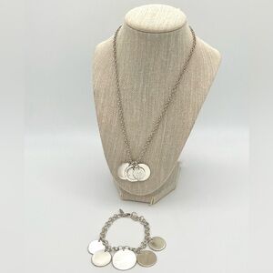 Talbots Silver Tone Disc Necklace & Bracelet Set Hammered Coin Charm Statement